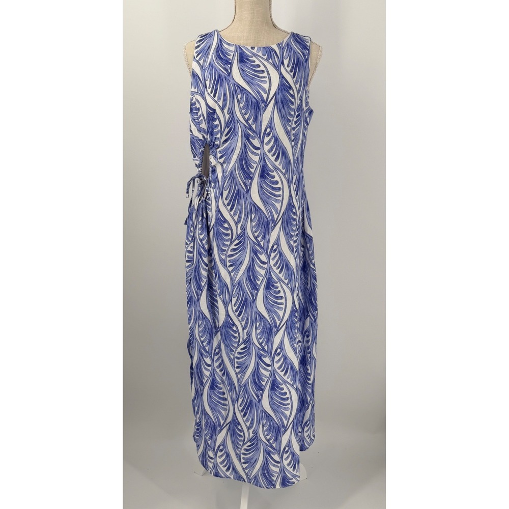 Magaschoni Womens Blue White Linen Leaf Print Cutout Tie Maxi Dress Size 8